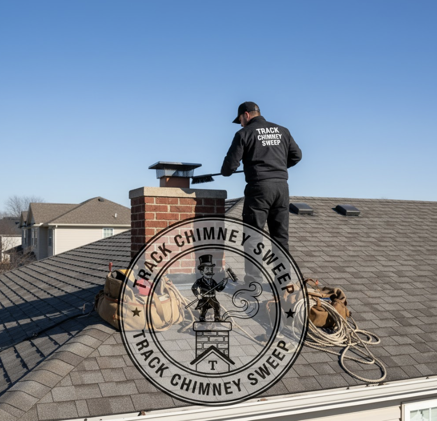 Professional chimney sweep on roof in Dallas